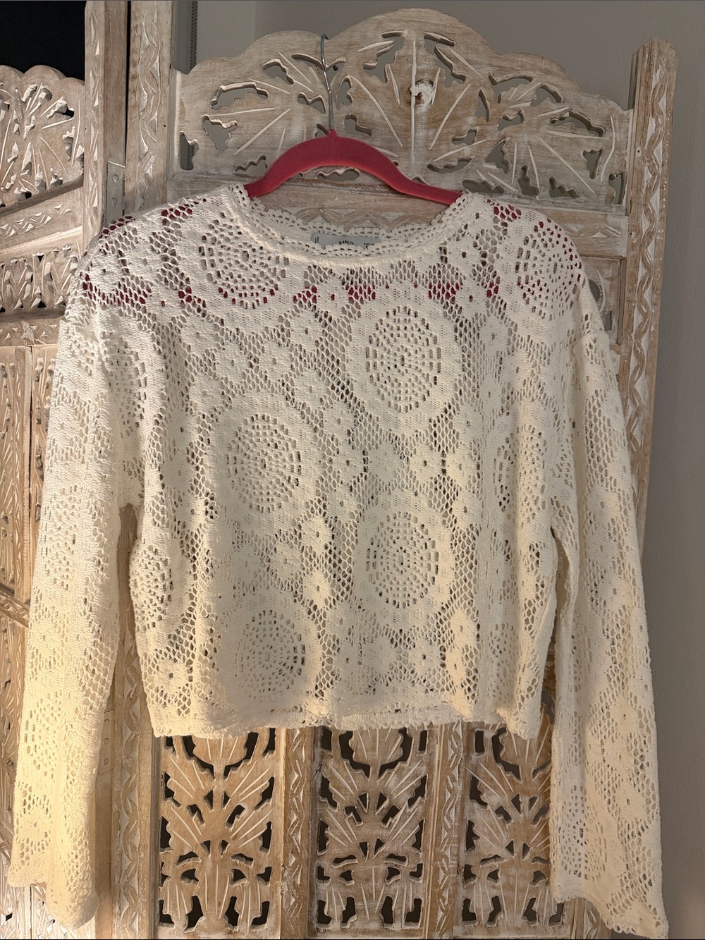 Crochet Openwork Knit Sweater Top - Cream